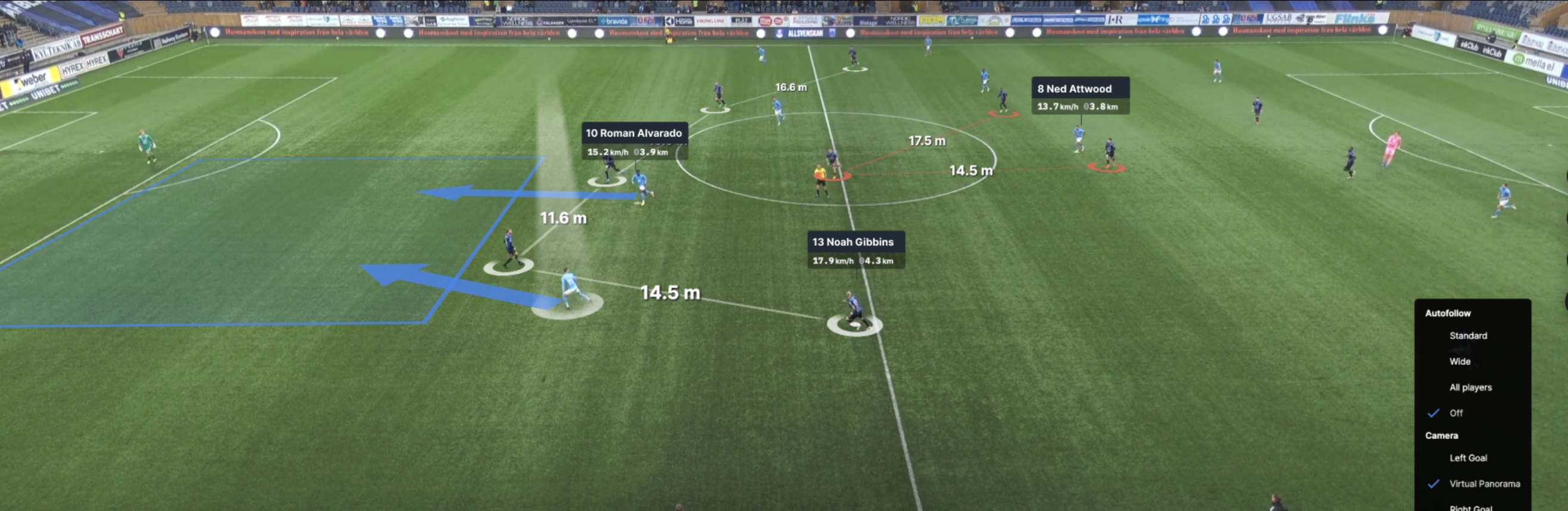 Football match with live player tracking and tactical drawing overlays