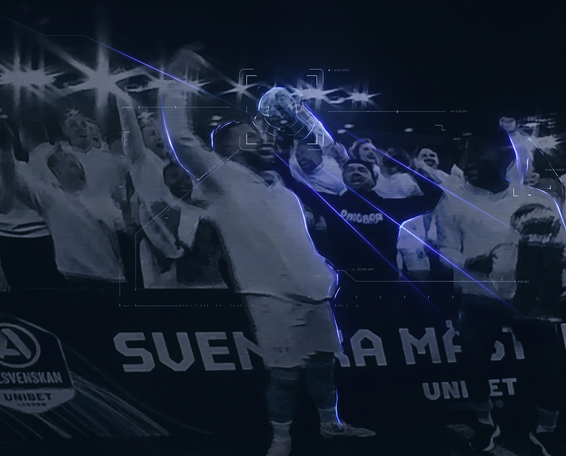 Swedish champions lifting the Allsvenskan trophy under the floodlights