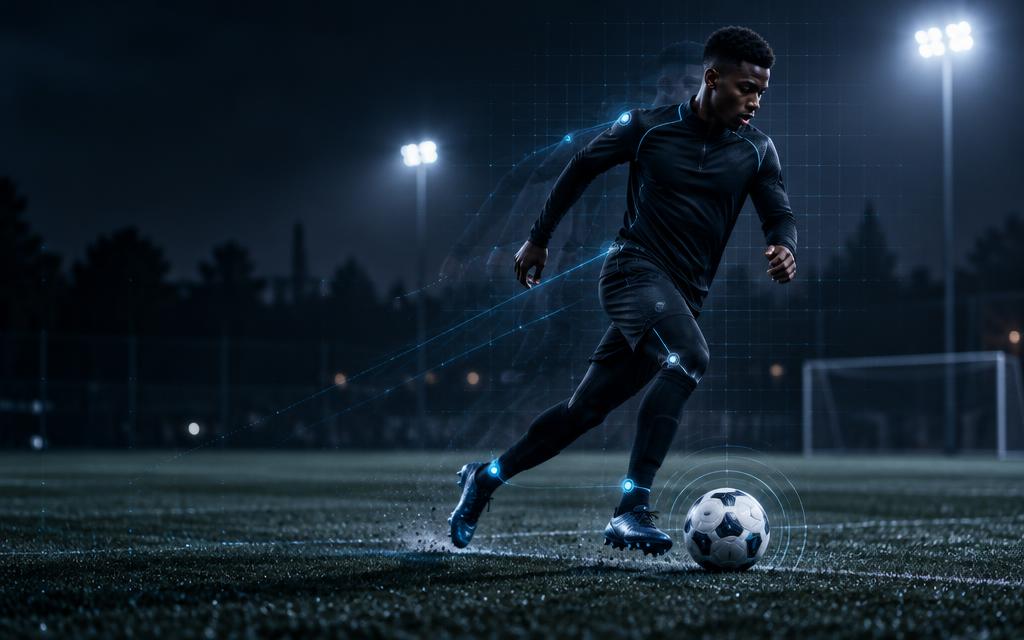 African football player dribbling under floodlights with a digital tracking overlay